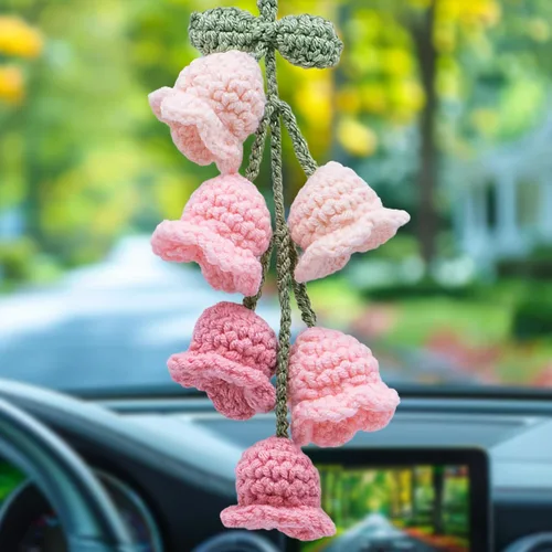 Vista 17 de Accesorios para colgar espejos de automóvil, colgante de flor de lirio tejido hecho a mano, bonita decoración colgante de ganchillo para espejo