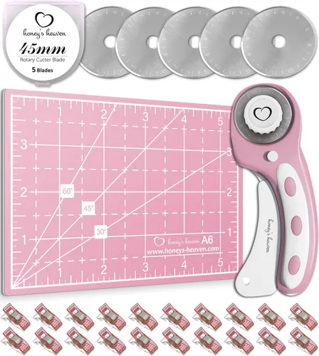 Vista 14 de Juego de cortador giratorio - Kit de acolchado incl. Cortador de tela de 45 mm, 5 cuchillas de repuesto - Ideal para manualidades, costura, parcheo