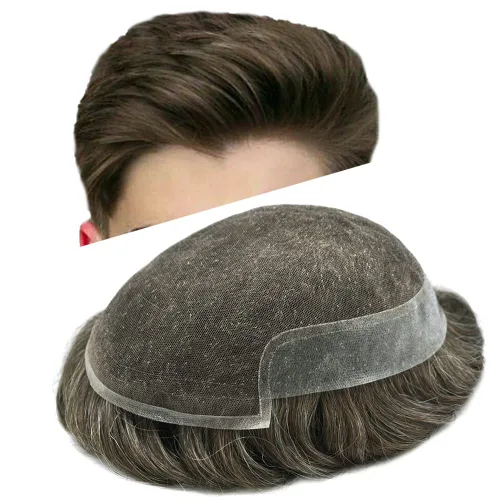 Vista 16 de Tupé de encaje suizo para hombres, piezas de cabello humano real, encaje frontal, sistema de reemplazo de cabello tipo tupé, nudo blanqueado, línea