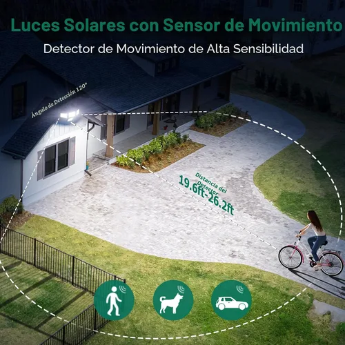 Vista 4 de Luces solares de 4500 lm para exteriores, 4 cabezales ajustables, luces con sensor de movimiento, 3 modos, 6500 K, IP65 impermeables, luces de pared