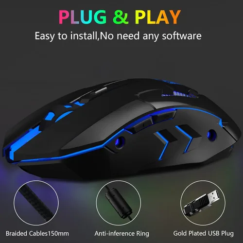 Vista 4 de FUWANG Ratón para juegos con cable, mouse USB para computadora con retroiluminación RGB, sensor óptico de 7200 DPI, mouse ergonómico para gamer