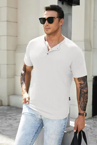 Vista 9 de JMIERR Camisas Henley para hombre con cuello redondo y botones