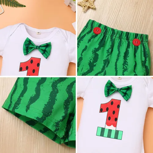Vista 22 de Conjunto de 4 piezas de 3 piezas para bebé, diseño de sandía, para el primer cumpleaños, para tarta, de manga corta, pañales, con tirantes