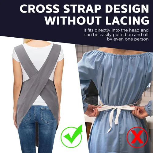 Vista 3 de JaGely Paquete de 2 delantales de cocina de lino japonés con espalda cruzada para mujeres y hombres con 2 bolsillos, lindo vestido de jardinería