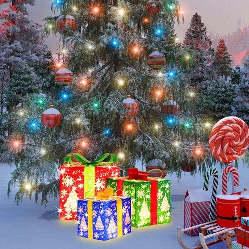 Vista 4 de LAMPHOME Juego de 3 Cajas de Regalo Iluminadas con 70 LED de Navidad, Luces Blancas Cálidas con Intermitente, Cajas Decorativas para Sendero, Adorno