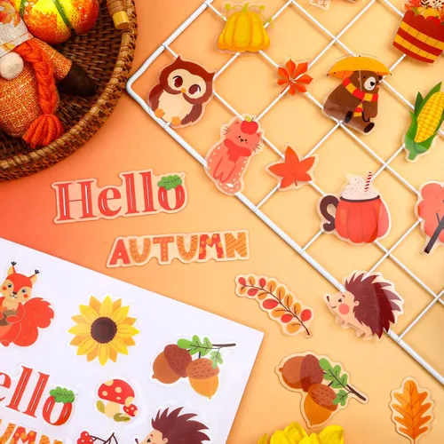 Vista 5 de MARFOREVER 50 PCS Calcomanías de Gel para Ventanas de Otoño, Cosecha de Otoño Calabazas Hoja de Arce Piñas Calcomanías de Gel Gruesas para Ventanas