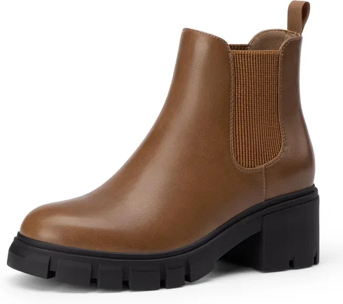 Vista 8 de Athlefit Botas Chelsea para Mujer con Suela Rugosa de Moda, Tacón Grueso, Botines de Tobillo Elásticos sin Cordones Albaricoque