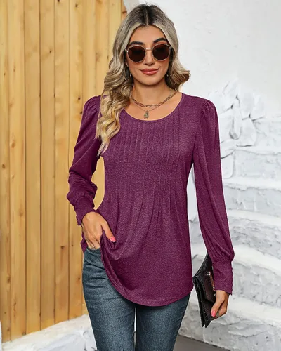 Vista 5 de Ficerd Blusa plisada de manga corta abombada para mujer, cuello redondo, elegante, casual, holgada, para primavera y verano