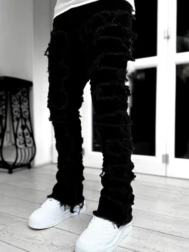 Vista 2 de Jeans apilados para hombre, ajustados, rasgados, elásticos, desgastados, rectos, pantalones de mezclilla hip hop, ropa de calle