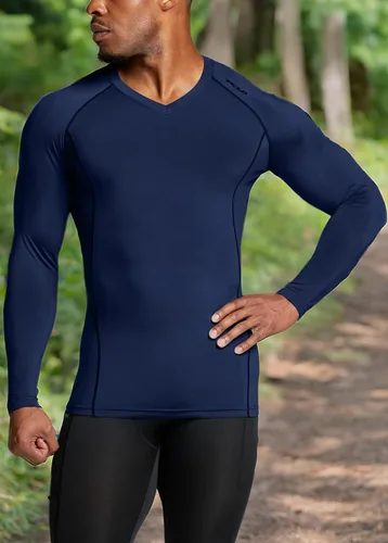 Vista 8 de TSLA - Camiseas térmicas de compresión de manga larga con cuello en V para hombre, ideales para usar como capa base para hacer ejercicio, correr