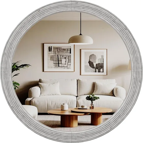 Vista 12 de ULIKE Espejo redondo de madera, espejo de pared circular irregular de 24 pulgadas con marco de madera, soporte de pared decorativo rústico