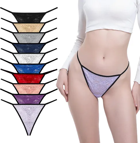 Vista 15 de T Back Sexy Low Rise Elástico Invisible Patrones Encaje Algodón Mujeres Tangas Pack Tangas de cinturón de 10