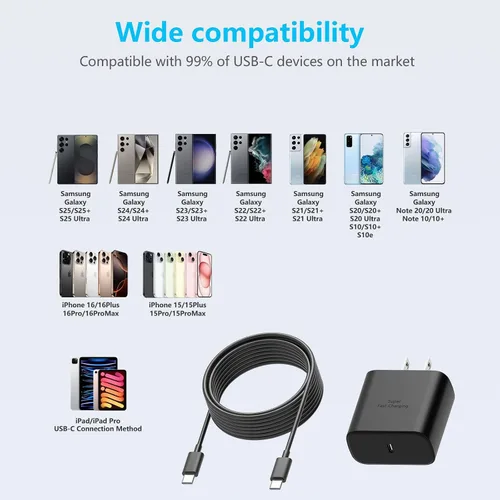 Vista 5 de Cargador súper rápido de 45 W para Samsung, cargador de teléfono Android, paquete de 2 Cable USB C a C de 10 pies, bloque de carga de 45 vatios