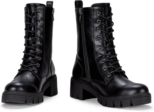 Vista 4 de Vepose Botas de combate hasta media pantorrilla para mujer con cordones elásticos de plataforma gruesa con cremallera lateral