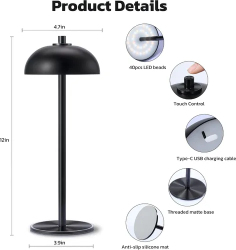 Vista 5 de Paquete de 2 lámparas de mesa inalámbricas recargables – Lámpara de mesa con batería de 5000 mAh, luz de mesa LED de atenuación continua de 3 Negro-2
