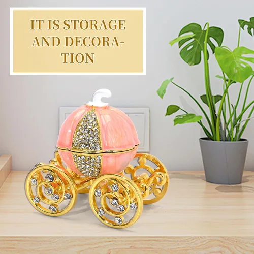 Vista 5 de Caja de joyería de carro de calabaza de diamante de plata, carro de calabaza de Cenicienta decorativo con bisagras caja de baratija de joyería
