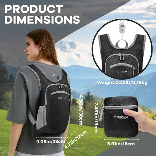 Vista 2 de ZOMAKE Mochila plegable ultraligera de 10 litros, mochila plegable pequeña, resistente al agua, mochila plegable para mujeres y hombres (negro-A1)