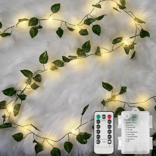 Vista 9 de suddus Willow Vine con luces de hadas funciona con pilas, 12 pies 40 luces LED artificiales con control remoto, cadena de luces colgantes