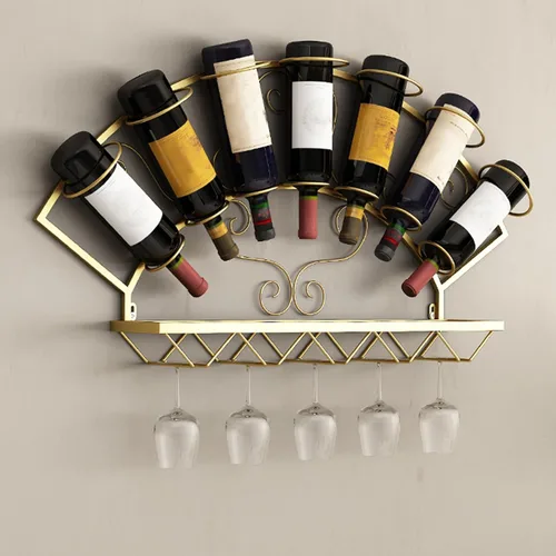 Vista 8 de Estante de metal para 7 botellas de vino, soporte para vino montado en la pared con estantes, estante de bar para licor, estante flotante para copas