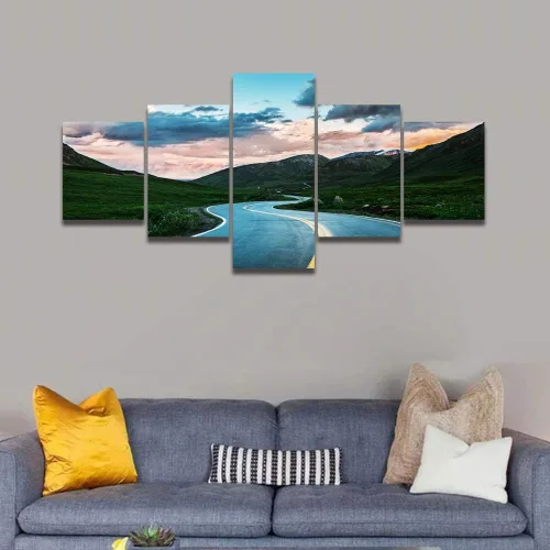 Vista 2 de TUMOVO Lienzo decorativo para pared de sala de estar, 5 paneles de naturaleza, Alaska, Estados Unidos, autopista alrededor de montañas, paisaje
