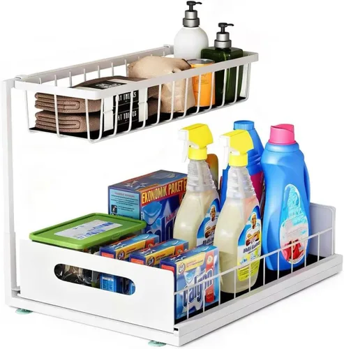 Vista 10 de Organizador para debajo del fregadero, estante de almacenamiento extraíble de 2 niveles, organizador de metal resistente al óxido para cocina, baño