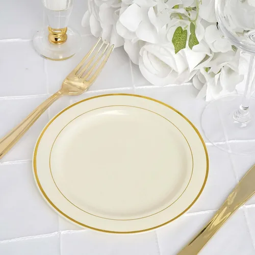 Vista 6 de Efavormart - Paquete de 50 platos redondos de postre de plástico Très Chic de 6 pulgadas con borde dorado