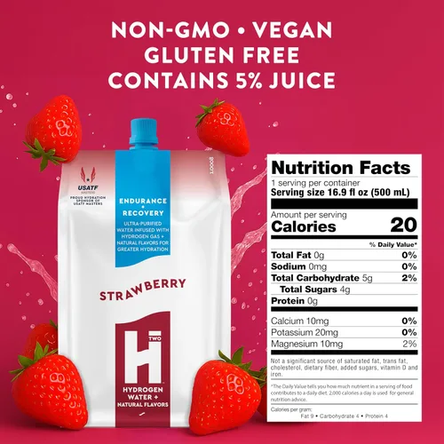Vista 2 de HTWO Agua de hidrógeno molecular premium, sabor a fresa, sin azúcar, paquete de 12 unidades de 16.9 onzas, bebida deportiva energética, soporte