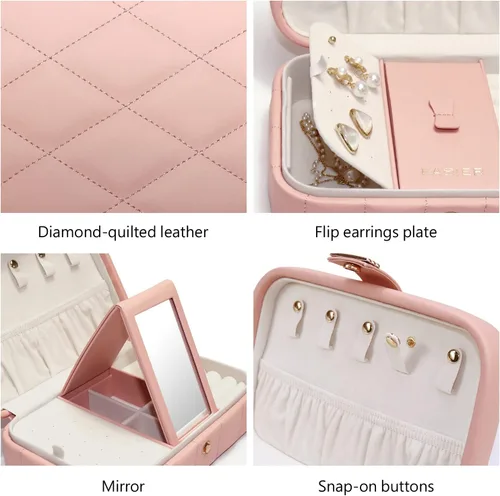Vista 5 de KAMIER Joyero de piel sintética Joyero acolchado de diamante de viaje con espejo para anillos, aretes, collar, organizador de joyas portátil