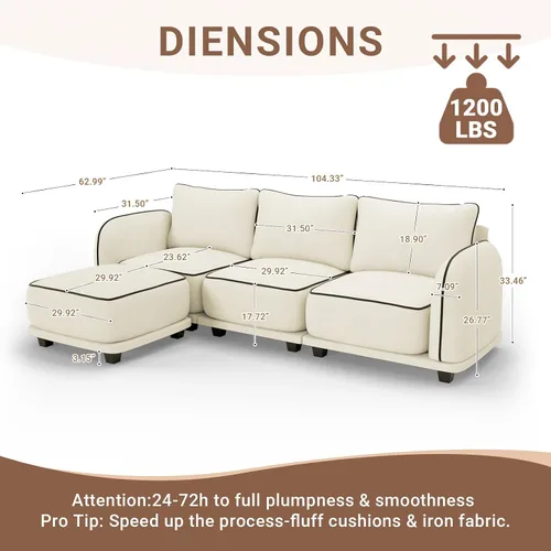 Vista 2 de Sofá modular en forma de L de 104 pulgadas, cómodo sofá de felpilla de nube de 4 plazas con otomana móvil y 3 almohadas traseras, cómodo sofá