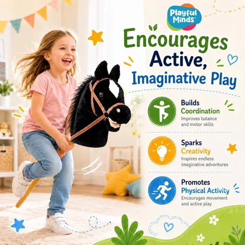 Vista 5 de Nature Bound Caballo de palo Caballo en un palo con efectos de sonido – Poni de peluche hecho a mano para niños pequeños y niños Mango de madera