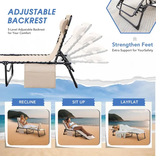Vista 5 de Flamaker Silla de Tumbona Plegable Ajustable en 5 Posiciones, Silla para Tomar el Sol con Bolsillo Lateral, Silla de Bronceado al Aire Libre