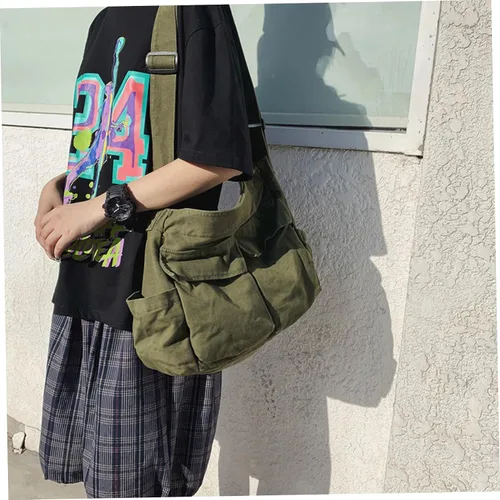 Vista 3 de Bolsa de mensajero de lona, bolsa de mensajero vintage con múltiples bolsillos, bolsas casuales grandes, bolsa de ocio de hombro para mujeres