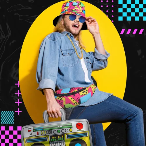 Vista 5 de Xtinmee Conjunto de 6 piezas de disfraz de los años 80 y 90 para hombre, traje de hip hop de los años 90, divertido juego de accesorios vintage