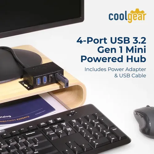 Vista 2 de Coolgear Concentrador USB 3.2 Gen 1 – Hub USB de 4 puertos con transferencia de datos de 5 Gbps, carcasa de metal montable, adaptador de corriente