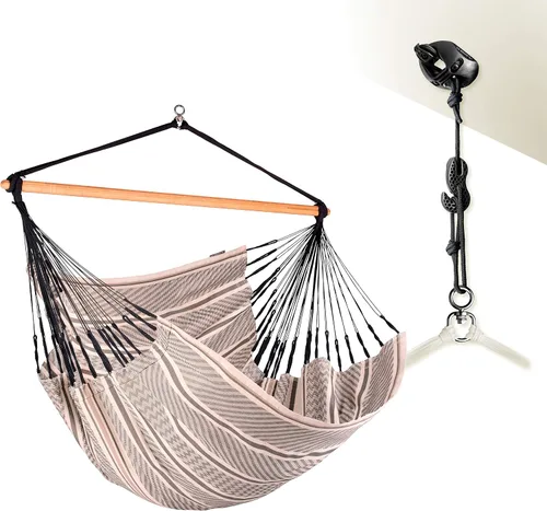 Vista 26 de LA SIESTA® - Silla Hamaca Grande y Cómoda de Algodón Habana & CasaMount - Silla Colgante con Kit de Suspensión para Paredes, Techos y Vigas Café
