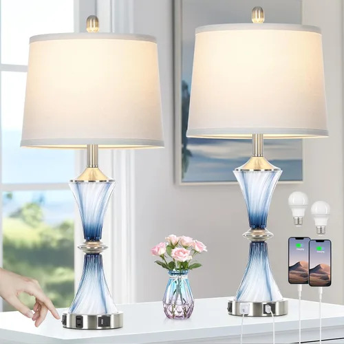 Vista 12 de Rinweey - Lámpara de mesa de vidrio azul con puertos USB C+A y salidas de AC, lámpara de noche costera para mesitas de noche, dormitorio, sala