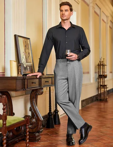 Vista 2 de COOFANDY Pantalones de vestir de ajuste clásico para hombre, pantalones casuales con parte delantera plana, pantalones de traje de cintura ampliable