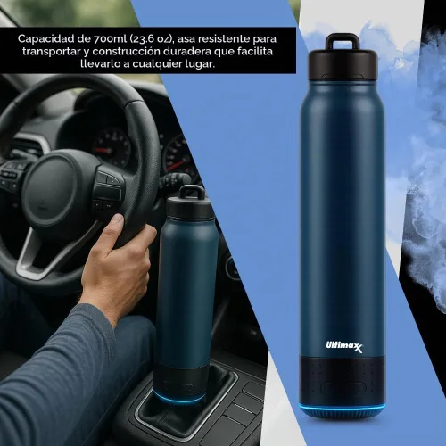 Vista 3 de Ultimaxx Botella de agua de alta calidad aislada al vacío con altavoz Bluetooth, diseño de doble pared de acero, luces, cierre de tapa, conveniente