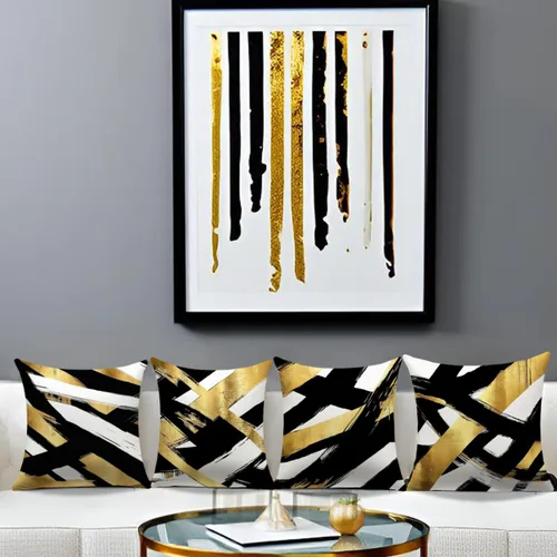 Vista 5 de Juego de 4 fundas de almohada negras y doradas, fundas de almohada de 18 x 18 pulgadas, almohadas geométricas abstractas a rayas para decoración