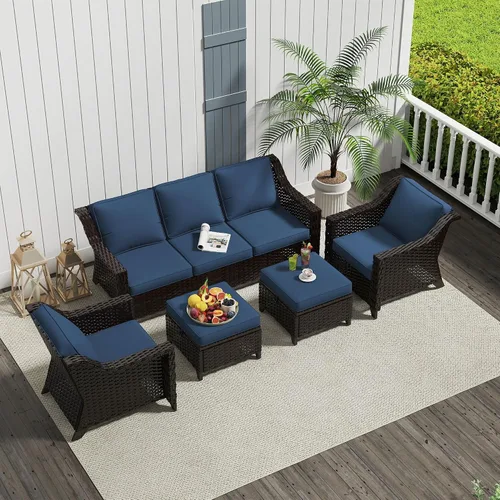 Vista 121 de Sofá de lujo para patio al aire libre de 3 plazas con mimbre de PE tejido a mano Azul