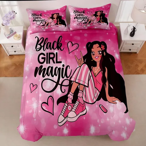 Vista 3 de Juego de edredón de niña negra tamaño individual para niños, juegos de ropa de cama mágica de niña negra, juego de edredón de princesa melanina