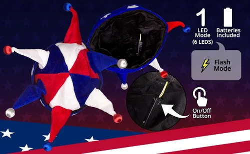 Vista 6 de Windy City Novelties Paquete de 2 sombreros de bufón iluminados de Estados Unidos, recuerdos de fiesta del 4 de julio, rojo, blanco y azul