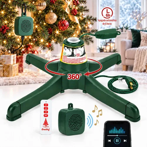 Vista 2 de GREATDAY - Soporte musical giratorio para árbol de Navidad con control remoto, altavoz Bluetooth, 10 canciones, rotación de 360°, se adapta a