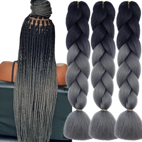 Vista 10 de 3 paquetes de extensiones de cabello sintético para trenzar de color negro a azul, tamaño jumbo ombré, de 24 pulgadas o trenzas de ganchillo