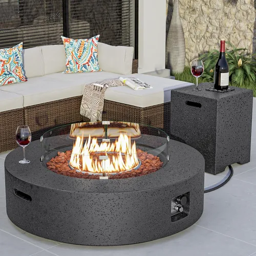 Vista 13 de COSIEST mesa de fogata a propano para exteriores de 35 pulgadas cuadrada de arenisca con protector contra el viento y mesa lateral, certificada