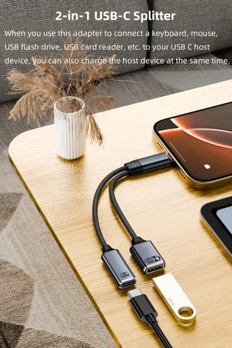 Vista 3 de Jadebones Cable USB C a USB OTG y adaptador de carga, divisor USB-C 2 en 1 con carga rápida de 100 W para iPhone serie 16/15, iPad, MacBook, Galaxy