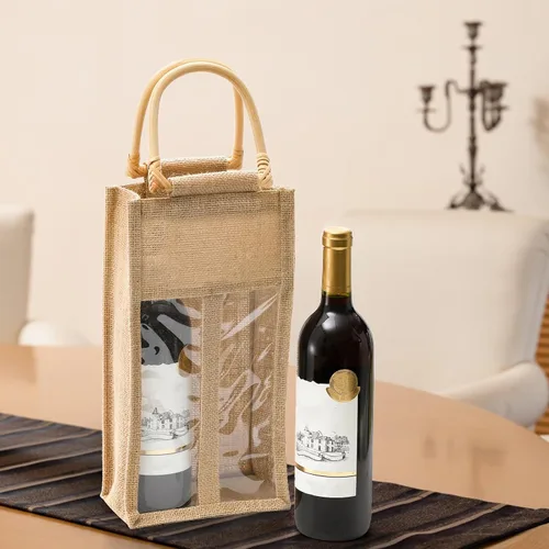 Vista 6 de Peohud Paquete de 2 bolsas de arpillera para botellas de vino, 4 botellas de yute para vino, bolsas de regalo de embalaje vintage con ventana y asa