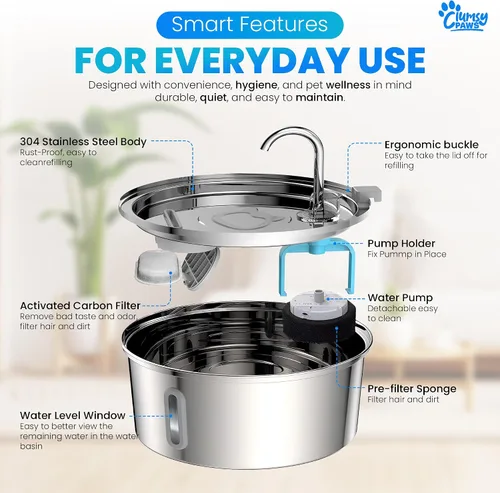 Vista 4 de Fuente de agua para perros de acero inoxidable, dispensador de agua automático grande de 8 litros para gatos, perros y otras mascotas, fuente