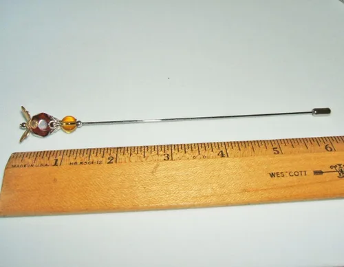 Vista 4 de BEE HONEY AMBER GLASS CRYSTAL Stick Hat Pin Long Hatpin Vintage Style Silver Plt