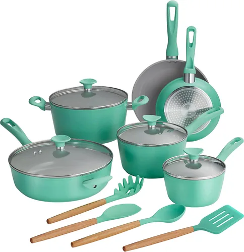 Vista 12 de Tramontina Solara - Juego de utensilios de cocina antiadherentes de cerámica de 14 piezas con tapas, ollas y sartenes de aluminio de calibre pesado